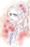  blue_eyes blush braid character_request flower j2_(joki455) long_hair looking_to_the_side pale_skin parted_lips pink_background solo upper_body versailles_no_bara 