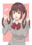  :d absurdres brown_eyes brown_hair highres holding holding_hair long_hair looking_at_viewer open_mouth original pink_background red_neckwear school_uniform smile standing sweater twintails twintails_day twitter_username yupinaccho 