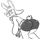  anthro bent_over black_and_white butt_focus clothed clothing female happie_(character) honeyboyy lagomorph looking_back mammal monochrome one_eye_closed portrait rabbit shaking_butt short_tail shorts simple_background smile solo standing sweat sweater three-quarter_portrait white_background 