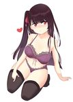  1girl bare_arms bare_shoulders black_eyes black_legwear blush bow bow_bra bra breasts brown_hair closed_mouth eyebrows_visible_through_hair female full_body girls_frontline hair_ribbon heart long_hair medium_breasts navel note2000 one_side_up panties red_eyes ribbon seiza side_ponytail simple_background sitting solo thighhighs underwear wa2000_(girls_frontline) white_background 