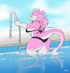  anthro big_breasts big_butt big_thighs bikini black_sclera blush breasts butt clothing female huge_breasts nipple_bulge open_mouth sergal slightly_chubby solo swimsuit thick_thighs yogoat 