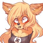  &lt;3 &lt;3_eyes anthro blond_fur blonde_hair blush breasts cat clothed clothing crop_top cyzarinefredek feline female hair hensa mammal pink_eyes shirt simple_background smile solo white_background 