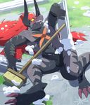  2018 3_toes anthro balls batzz_(buddyfight) black_penis black_scales blush broom cut_(disambiguation) dragon embarrassed erection hair humanoid_penis long_hair lying male mugheyart muscular muscular_male nude on_back open_mouth outside penis presenitng_penis presenting red_hair scales scalie soap solo toes yellow_eyes 