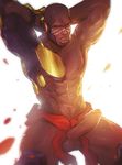  abs armpit_hair armpits arms_behind_head backlighting bald bara brown_eyes cinnabarbie commentary cyborg dark_skin dark_skinned_male doomfist_(overwatch) erection highres large_penis large_testicles looking_at_viewer male_focus male_pubic_hair manly mechanical_arm muscle overwatch penis pubic_hair solo testicles uncensored very_dark_skin 