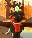  2018 autumn big_breasts black_skin breast_grab breast_holding breast_squeeze breasts clothing dress female forest hand_on_breast hi_res huge_breasts hyper hyper_breasts invalid_tag kimodo machine mask matar outside presenting red_dress robot samurai_jack seductive smile smirk solo standing thick_thighs tree vrabo 