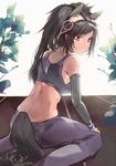  animal_ears black_sports_bra bridle brown_hair brown_thoroughbred_(kemono_friends) highres horse_ears horse_girl horse_tail kemono_friends kneeling long_hair looking_back red_eyes solo sports_bra sportswear sweat tail yu_chien_(yuchien4221) 