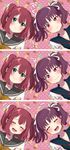  3koma :t ^_^ absurdres bangs blush bow bowtie closed_eyes comic green_eyes hair_ribbon highres ice_cream_cone kazuno_leah kurosawa_ruby laughing love_live! love_live!_sunshine!! multiple_girls open_mouth pink_background polka_dot polka_dot_background pout purple_eyes purple_hair ribbon school_uniform serafuku smile smirk twintails two_side_up upper_body v-shaped_eyebrows white_ribbon yellow_neckwear yuama_(drop) 