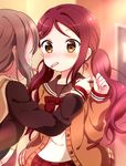  alternate_hairstyle blurry blurry_background blush bow bowtie brown_eyes brown_hair brown_jacket brown_sailor_collar depth_of_field eyebrows_visible_through_hair food food_in_mouth hair_ornament hairclip hand_on_another's_shoulder highres indoors jacket long_hair long_sleeves love_live! love_live!_sunshine!! low_twintails mouth_hold multiple_girls open_clothes open_jacket pipette1223 pocky pocky_kiss red_bow red_hair red_neckwear sailor_collar sakurauchi_riko shared_food shiny shiny_hair shirt short_hair sleeves_past_wrists solo_focus tareme twintails unbuttoned upper_body watanabe_you white_shirt yuri 
