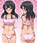  :o arms_behind_back ass ass_visible_through_thighs back bangs bare_shoulders black_hair blush breasts butt_crack checkered checkered_background closed_mouth collarbone cowboy_shot embarrassed from_behind hair_ornament hairclip kantai_collection long_hair looking_at_viewer looking_back medium_breasts multiple_views navel nose_blush open_mouth oyashio_(kantai_collection) panties profile revision shiny shiny_hair shiny_skin shoulder_blades sidelocks sports_bra standing sweat sweatdrop thigh_gap thighs underwear underwear_only white_panties yellow_eyes zanntetu 