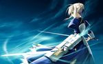  armor armored_dress artist_request artoria_pendragon_(all) blonde_hair caliburn dress dual_wielding excalibur fate/stay_night fate_(series) faulds glowing glowing_sword glowing_weapon green_eyes holding saber solo sword wallpaper weapon 