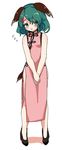  alternate_costume ameyu_(rapon) animal_ears bare_arms black_footwear china_dress chinese_clothes commentary_request dress flying_sweatdrops full_body green_eyes green_hair hair_ornament hairclip head_tilt highres kasodani_kyouko looking_at_viewer nervous_smile pink_dress shoes side_slit simple_background solo standing tail touhou white_background 