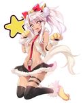  :d animal_ears arm_strap bangs bare_shoulders bell black_skirt blush bow breasts brown_eyes cat_ears chloe_von_einzbern commentary_request dark_skin eyebrows_visible_through_hair fate/kaleid_liner_prisma_illya fate_(series) fur-trimmed_skirt gloves hair_bell hair_between_eyes hair_bow hair_ornament head_tilt high_ponytail jingle_bell kneeling long_hair looking_at_viewer navel nipples o-ring open_mouth paw_gloves paw_shoes paws ponytail red_bow shoes sidelocks silver_hair skirt small_breasts smile solo star thigh_strap thighhighs white_background youta 