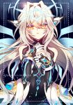  1girl athria bare_shoulders bodysuit code:_sariel_(elsword) crown elsword eve_(elsword) facial_mark gem hair_between_eyes half-closed_eyes long_hair mechanical_ears open_mouth silver_hair solo 