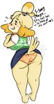  &lt;3 animal_crossing anthro bell blush butt canine clothed clothing clothing_lift dialogue dog embarrassed english_text female full-length_portrait fur honeyboyy isabelle_(animal_crossing) looking_at_viewer looking_back mammal nintendo panties portrait rear_view shih_tzu shirt simple_background skirt skirt_lift smile solo standing tailwag talking_to_viewer text underwear video_games white_background yellow_fur 