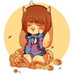  3_fingers 3_toes alternate_species ambiguous_gender anthro blush bottomless brown_hair caprine clothed clothing cute cyzarinefredek flower fur goat hair horn mammal paws plant protagonist_(undertale) rose simple_background sitting solo sweater tan_fur toes undertale video_games 