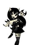  1girl 2boys alice_(bendy_and_the_ink_machine) bendy bendy_and_the_ink_machine black_hair black_lips boris_(bendy_and_the_ink_machine) bow breasts choker cleavage elbow_gloves multiple_boys skirt 
