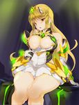  areola_slip areolae armor blonde_hair breasts bursting_breasts cleavage_cutout curvy dress dress_pull gloves glowing highres hikari_(xenoblade_2) large_breasts long_hair looking_at_viewer mokomoko_yanakku sitting solo thick_thighs thighs xenoblade_(series) xenoblade_2 yellow_eyes 