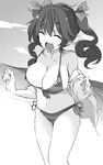  :d ^_^ bare_shoulders bikini breasts cleavage closed_eyes cloud commentary_request eyebrows_visible_through_hair front-tie_top greyscale hair_ribbon halter_top halterneck himekaidou_hatate kamukamu_(ars) large_breasts long_hair monochrome navel open_mouth outdoors pointy_ears ribbon side-tie_bikini sketch sky smile solo stomach striped striped_bikini swimsuit touhou twintails 