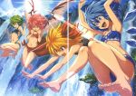  4girls :d antennae arms_up ass bangs bare_arms bare_legs bare_shoulders barefoot bikini black_bikini blonde_hair blue_bikini blue_bow blue_eyes blue_hair blue_sky bow breasts brooch cirno clenched_hands cloud criss-cross_halter day dive eyebrows_visible_through_hair fang feathered_wings feet full_body green_eyes green_hair grin hair_between_eyes hair_bow hair_ribbon halterneck hands_up head_wings highres hijikawa_arashi ice ice_wings jewelry jumping knees_up lens_flare light_rays multiple_girls mystia_lorelei navel no_hat no_headwear open_mouth outdoors pink_bow pink_hair polka_dot polka_dot_bikini red_bikini red_eyes red_ribbon ribbon rumia sarong scan short_hair sky small_breasts smile stitched stomach swimsuit team_9 thighs third-party_edit touhou water waterfall wings wriggle_nightbug 