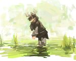  animal_ears antlers kemono_friends moose_(kemono_friends) moose_ears moose_tail outdoors rumenia_(ao2is) skirt solo standing swamp sweater tail wading water wet wet_clothes 