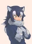 adjusting_clothes adjusting_necktie animal_ears blue_eyes blush coat commentary_request fur_collar gloves grey_wolf_(kemono_friends) heterochromia kemono_friends long_hair multicolored_hair necktie rumenia_(ao2is) solo wolf_ears wolf_girl yellow_eyes 