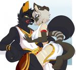  2018 anubislivess blue_eyes breasts canine cat duo ear_piercing egyptian eyebrows feline female green_eyes hair hand_on_chest jackal lolzneo looking_at_another male mammal piercing romantic_couple vassago 