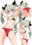  ;p anchovy arm_at_side arm_behind_back arms_behind_head arms_up ass bare_arms bare_shoulders bent_over black_ribbon breasts brown_eyes drill_hair eyebrows_visible_through_hair gin'you_haru girls_und_panzer green_hair grin hair_ribbon highres italian_flag_bikini long_hair looking_at_viewer multiple_views navel one_eye_closed ribbon simple_background small_breasts smile stomach tongue tongue_out twin_drills white_background 