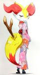  025aki absurd_res anthro blush braixen breasts clothed clothing female footwear full_body half-closed_eyes hi_res japanese_clothing kimono looking_at_viewer nintendo open_mouth pok&eacute;mon pok&eacute;mon_(species) red_eyes sandals simple_background small_breasts smile standing stick traditional_media_(artwork) video_games white_background 