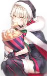 :t artoria_pendragon_(all) black_cape black_dress black_gloves black_hat black_legwear blonde_hair blush bow bucket bucket_of_chicken cape chicken_leg commentary diagonal_stripes dress fate/grand_order fate_(series) food_in_mouth fried_chicken fur-trimmed_cape fur-trimmed_hat fur-trimmed_hood fur-trimmed_legwear fur_trim gloves hat highres hood hood_down hooded_cape light_brown_hair looking_at_viewer looking_to_the_side myo_ne object_hug ribbon santa_alter santa_hat simple_background sitting sleeveless sleeveless_dress solo striped thighhighs white_background yellow_eyes 
