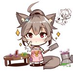  animal_ears apron bangs barefoot blush breasts brown_hair censored censored_food chibi closed_mouth eyebrows_visible_through_hair fox_ears fox_girl fox_print fox_tail hair_between_eyes high_ponytail holding holding_knife kitchen_knife knife long_sleeves looking_at_viewer medium_breasts mosaic_censoring multiple_views original pink_apron pleated_skirt pocket ponytail pot print_apron red_eyes shirt short_hair skirt sparkle spatula standing table tail white_background white_shirt white_skirt yuuji_(yukimimi) 