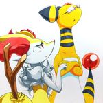  025aki absurd_res ambiguous_gender ampharos anthro blush braixen breasts crossed_arms eyes_closed eyewear female feral glasses half-closed_eyes hi_res nintendo nude open_mouth pok&eacute;mon pok&eacute;mon_(species) red_eyes side_view simple_background small_breasts standing stick sweat traditional_media_(artwork) video_games white_background 