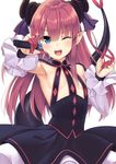  ;d arm_up armpits bangs black_dress blue_eyes blush breasts curled_horns detached_sleeves dragon_tail dress elizabeth_bathory_(fate) elizabeth_bathory_(fate)_(all) eyebrows_visible_through_hair fangs fate/grand_order fate_(series) frilled_sleeves frills hair_ribbon holding holding_microphone jun_project layered_dress long_hair long_sleeves looking_at_viewer microphone music one_eye_closed open_mouth pink_hair pointy_ears purple_ribbon ribbon shiny shiny_hair shiny_skin singing single_sidelock small_breasts smile solo sparkle tail tail_raised upper_body upper_teeth 