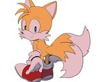  aimf0324 anthro black_nose blue_eyes butt_pose canine clothing dipstick_tail footwear fox fur gloves looking_at_viewer male mammal miles_prower multicolored_tail simple_background smile solo sonic_(series) video_games white_fur yellow_fur 