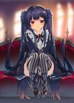  :&gt; arikawa_satoru black_bow black_hair blush bow brooch chaise_longue closed_mouth flower_knight_girl frills full_body hair_bow highres jewelry long_hair looking_at_viewer red_eyes smile solo striped striped_bow striped_legwear thighhighs torikabuto_(flower_knight_girl) twintails vertical-striped_legwear vertical_stripes 