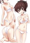  ass ass_visible_through_thighs bare_arms bare_legs bare_shoulders barefoot bikini black_ribbon blush breasts brown_eyes brown_hair cleavage collarbone contrapposto feet front-tie_bikini front-tie_top gin'you_haru girls_und_panzer hair_ribbon halter_top halterneck hands_on_own_chest highres kneeling koyama_yuzu large_breasts legs looking_at_viewer multiple_views navel open_mouth ponytail ribbon simple_background smile soles stomach swimsuit thighs white_background white_bikini 