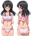  :o arms_behind_back ass ass_visible_through_thighs back bangs bare_shoulders black_hair blush breasts butt_crack closed_mouth collarbone cowboy_shot embarrassed from_behind hair_ornament hairclip kantai_collection long_hair looking_at_viewer looking_back medium_breasts multiple_views navel nose_blush open_mouth oyashio_(kantai_collection) panties profile shiny shiny_hair shiny_skin shoulder_blades sidelocks simple_background sports_bra standing sweat sweatdrop thigh_gap thighs underwear underwear_only white_background white_panties yellow_eyes zanntetu 