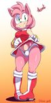  2017 absurd_res amy_rose anthro argento bare_shoulders black_nose boots bracelet clothed clothing colored dress english_text female flashing footwear gloves green_eyes hair hairband hedgehog hi_res jewelry mammal panties pink_body pink_hair pink_skin presenting short_hair signature smile solo sonic_(series) text underwear video_games waru-geli 