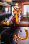  2018 5_finger anthro bar barefoot beverage black_paw_pads blue_eyes breasts cheetah clothed clothing detailed_background digital_media_(artwork) feline female fur hair inside mammal scar shotglass sitting solo spots spotted_fur tril-mizzrim white_hair yellow_fur 