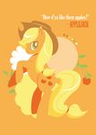  apple applejack_(mlp) blonde_hair cowboy_hat earth_pony english_text equine female feral food friendship_is_magic fruit fur green_eyes hair hat horse leaves mammal my_little_pony on_hind_legs orange_background orange_fur pony side_view simple_background solo text tinrobo 