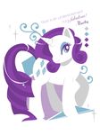  blue_eyes english_text equine eyeshadow female feral friendship_is_magic fur hair horn light_theme looking_back makeup mammal my_little_pony one_leg_up portrait purple_hair rarity_(mlp) simple_background smile solo standing text tinrobo unicorn white_background white_fur 