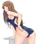  alternate_hairstyle arm_support ass bangs bare_back blunt_bangs blush breasts brown_hair commentary_request competition_swimsuit cowboy_shot from_behind graphite_(medium) idolmaster idolmaster_cinderella_girls kamiya_nao leaning_forward long_hair looking_at_viewer looking_back medium_breasts naga1047 one-piece_swimsuit red_eyes sideboob swimsuit traditional_media wet 