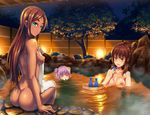  ass bath blue_eyes breasts brown_hair dark_skin drink green_eyes long_hair new_game! night nipples nude onsen purple_hair sake shigatsu_itsuka sky stars tagme_(character) takimoto_hifumi tree water 