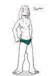  anthro barefoot bulge character_name clothed clothing fuze lagomorph male mammal rabbit solo standing texnatsu tom_(fuze) topless underwear 