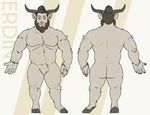  2018 barely_visible_genitalia beard caprine crotch_tuft facial_hair goat goat_eyes hat hooves horn humanoid_face male mammal model_sheet muscular nude simple_background solo thick_fur tied_hair vocalokiba 