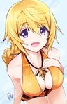  absurdres azumi_akitake bare_shoulders bikini blonde_hair breasts charlotte_dunois collarbone from_above hand_on_own_chest highres infinite_stratos jewelry large_breasts long_hair looking_at_viewer looking_up necklace pendant purple_eyes smile solo swimsuit wet wet_clothes 
