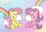  anthro cloud dot_eyes duo equine eye_contact female flat_chested fur hair horse mammal markings milky_(takara_ponies) nude pattern_background pink_fur pink_hair pinky_(takara_ponies) purple_hair rainbow simple_background sitting star takara_ponies tinrobo white_markings yellow_fur 