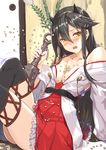  bare_shoulders beans black_hair blush boots brown_eyes club collarbone detached_sleeves hair_ornament hairband hairclip haruna_(kantai_collection) holding holding_weapon indoors japanese_clothes kanabou kantai_collection kyougoku_touya long_hair nontraditional_miko oni_horns open_clothes setsubun sitting thigh_boots thighhighs weapon wide_sleeves yellow_eyes 