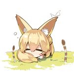 animal_ears bangs barefoot blonde_hair blush_stickers bug butterfly chibi closed_eyes covered_mouth day eyebrows_visible_through_hair fox_ears fox_girl fox_tail grass hair_between_eyes insect lying on_grass on_stomach original outdoors pink_skirt shirt short_sleeves skirt sleeping solo tail white_shirt yuuji_(yukimimi) 