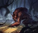  absurd_res canine fangs feral forest fur glowing glowing_eyes hair hi_res male mammal muscular muscular_male nathing no_pupils solo teeth tree were werewolf 