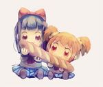  :3 artist_name baguette blonde_hair blue_eyes blue_hair blue_skirt bow bread brown_footwear chibi commentary_request eating food grey_background hair_bow hair_ornament hair_scrunchie holding long_sleeves manino_(mofuritaionaka) multiple_girls neckerchief pipimi pleated_skirt poptepipic popuko red_bow red_neckwear school_uniform scrunchie serafuku shared_food shirt shoes signature simple_background skirt twintails white_shirt yellow_eyes yellow_scrunchie 